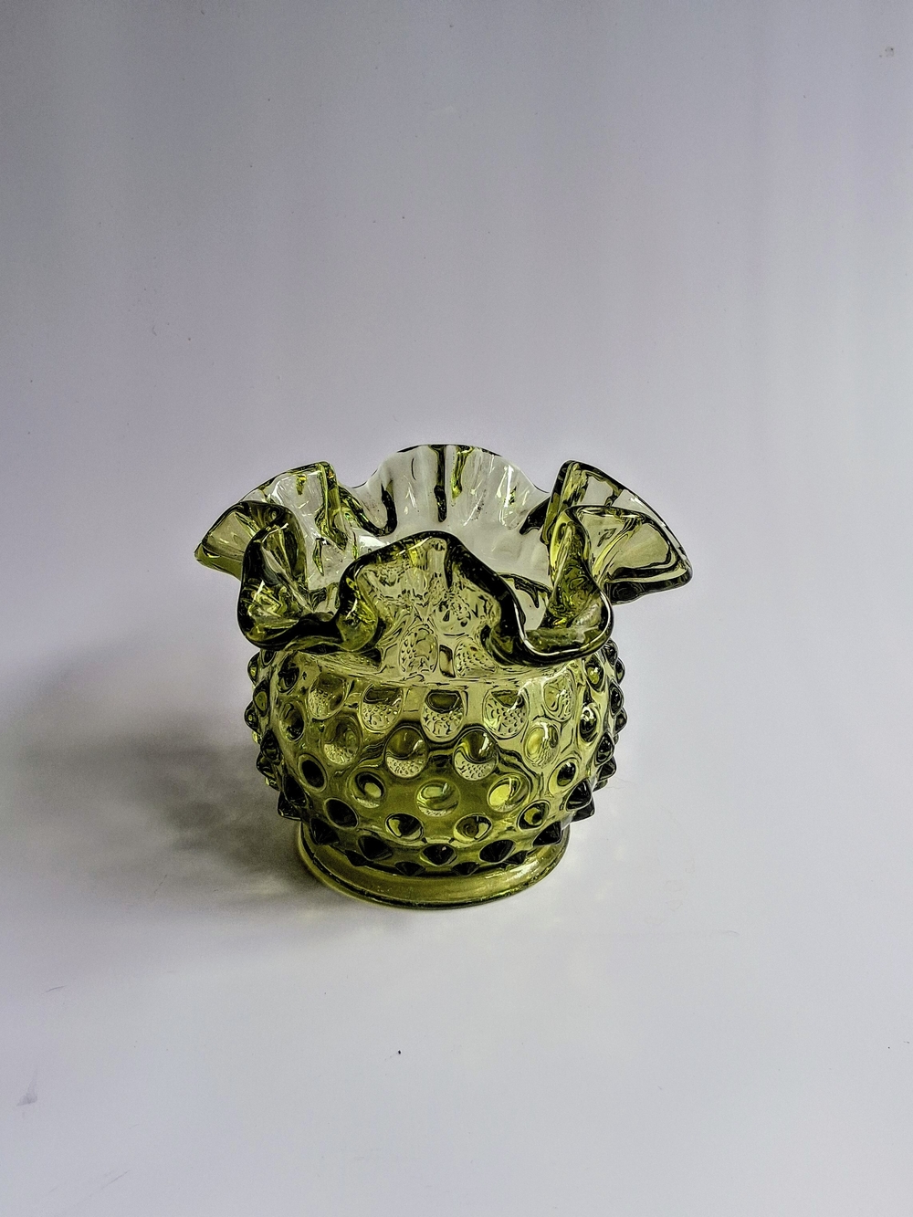 Fenton Glass Hobnail Vase Green Glassware Rose Bowl Ruffled Rim Glass Vintage